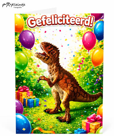 Dino verjaardag wenskaart – Stoere kaart met T‑Rex | Kleintje Fotografie