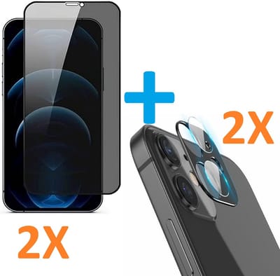 2X Privacy Scherm Tempered Glass Screen Protector Anti-Spy + 2X Camera lens Beschermer zwart Geschikt voor: Apple iPhone 12