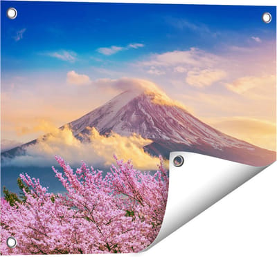 Gards Tuinposter Fuji Berg met Roze Bloesembomen - Bloemen - 50x40 cm - Tuindoek - Tuindecoratie - Wanddecoratie buiten - Tuinschilderij