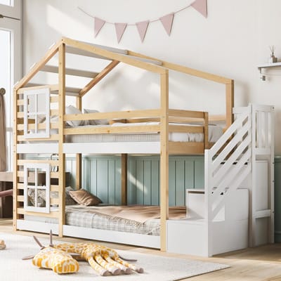 VVBV Stapelbed 90x200 cm - Lades, Lattenbodem, Opbergtrap, Valbeveiliging, EN747, Grenenhout, Massief Hout, Zonder Matras