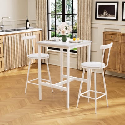 Bartafel en stoelenset - Tweepersoons eettafel - Vierkante keukentafel - Inclusief twee barkrukken met poten - Metalen frame - Bartafel in industriële stijl - Geschikt voor eetkamers, woonkamers, etc. - Wit - 60 cm * 60 cm * 92 cm