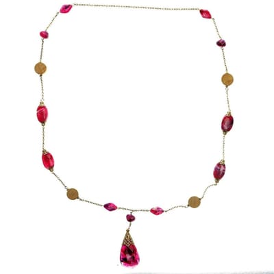 Behave® Ketting goudkleur met roze paarse en houten kralen – 100 cm mode-accessoire