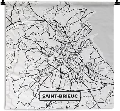Wandkleed - Wanddoek - Frankrijk – Kaart – Plattegrond – Stadskaart - Saint-Brieuc - Zwart wit - 180x180 cm - Wandtapijt