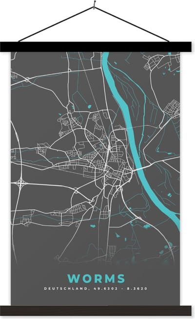 Posterhanger incl. Poster 40x60 cm - Schoolplaat - Stadskaart – Worms – Duitsland – Plattegrond – Kaart - Textielposter - Zwarte latten - Stadskaart