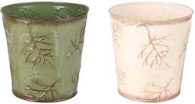 Dekoratief | Bloempot 'Autumn Twigs', groen/wit, metaal, 17x17x13cm, set van 2 stuks | A255579