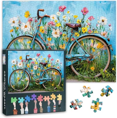 Puzzels 1000 stukjes - Legpuzzel volwassenen - Ontspannend spel - Gedetailleerd bloemendesign - 70 x 50 cm - Vintage fiets