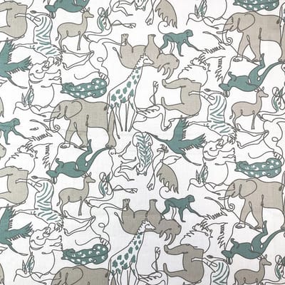 BINK Bedding Stof 100% Katoen Safari per meter - dierenprint - lijntekening - grijs - groen - wit - zwart - olifant - tijger - leeuw - panter - aap - zebra - neushoorn - kangaroo - flamingo - jungle