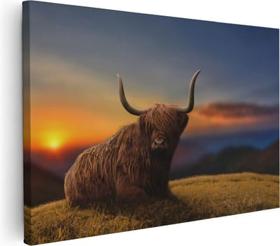 Artaza Canvas Schilderij Hooglander - 30x20 cm - Klein - Wanddecoratie Natuur - Muurdecoratie Gewei - Kamer Accessoires