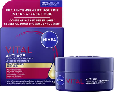 NIVEA VITAL Anti-Rimpel Herstellende Nachtcrème voor Vrouwen - Rijpe Huid - Hydrateert en revitaliseert - Met Vitamine F, Teunisbloemolie en Calcium - 50 ml