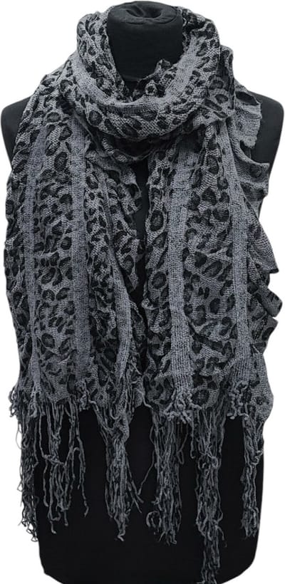 Lange Gebreide Sjaal - Panterprint - Zwart/Grijs - 220 x 40 cm (351)