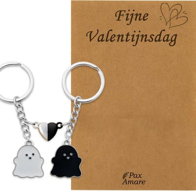 Koppel Sleutelhanger voor 2 'Fijne Valentijnsdag' - Spookjes + Magnetisch Hartje - Sleutelhanger set op Cadeau Kaartje - Zilverkleurig - Vriendschap of Relatie Symbool - Pax Amare