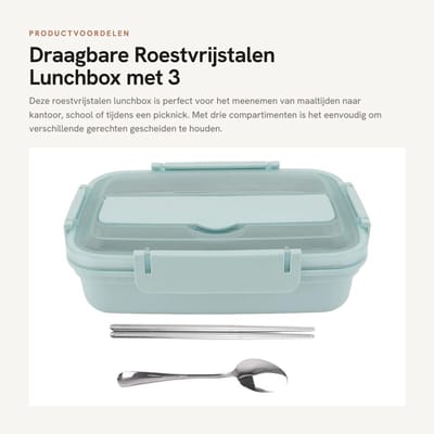 Dailygoods- Lunchbox Roestvrij Staal - Lekvrije Voedselcontainer - 3 Compartimenten - Draagbare Lunchbox - Inclusief Lepel/Eetstokjes - Corrosiebestendig - Bentobox