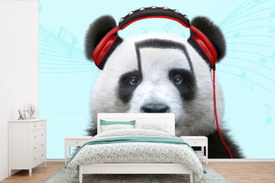 Behang - Fotobehang - 360x240 cm - Panda - Koptelefoon - Dier - Muzieknoten - Rood - Dieren behang - Foto behang