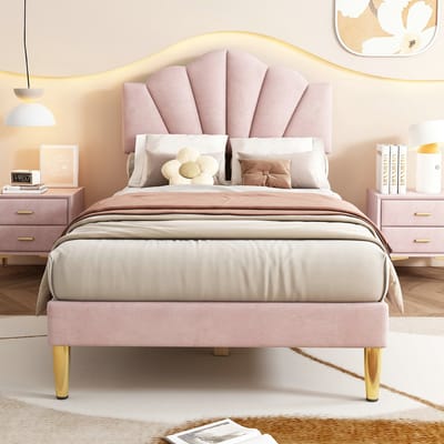 VVBV Eenpersoonsbed Gestoffeerd 90x200 cm - Lattenbodem, Verstelbaar Hoofdbord, Schelphoofdbord - Hout/Metaal Roze/Goud