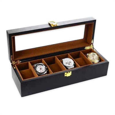 Confibel Luxe Houten Horloge Box - Geschikt voor Horloges en Sieraden - 6 Compartimenten met 6 Kussentjes - Zwart/Bruin