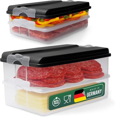 Novaliv voedselcontainers (2 kleine + 2 grote + 2 deksels), stapelbaar voor koelkast en vriezer, set opslagcontainers, opbergdoos organizer, voor vleeswaren, worst, kaas, fruit, groenten, maaltijdvoorbereiding