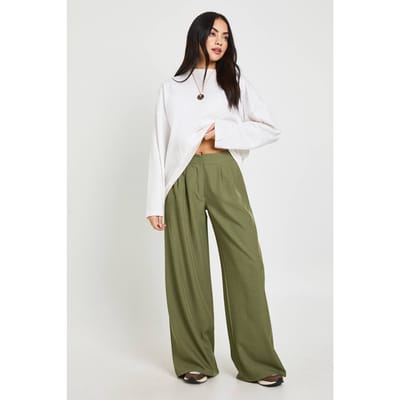 boohoo Dames Geweven Getailleerde Geplooide Wijde Pijpenbroek | Kaki | Maat: 34