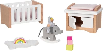 Poppenhuismeubeltjes: DESIGN KINDERKAMER, 12-delig, 10,2x6x5,5cm (bed), beukenhout en stof, 3+