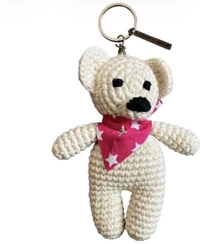 Luna-Leena duurzame beer tas bedel / bag charm + bandana slab - off white - bio katoen - L12cm - hand gehaakt in Nepal - beertje - cadeau - trendy accessoires - bear hanger - tas accessoires