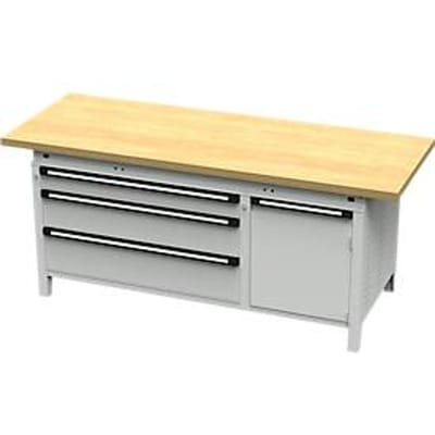 Otto Kind brede werkbank type 435, multiplexplaat van beukenhout, overhangend, tot 1400 kg, B 2004 x D 750 x H 850 mm, staal, centrale vergrendeling, lichtgrijs/lichtgrijs