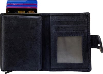 Pasjeshouder Uitschuifbaar – Donkerblauw - Leer - Bloemen print - Creditcard Houder - RFID – Anti Skim - Muntgeld Ritsvak - Pasjeshouder