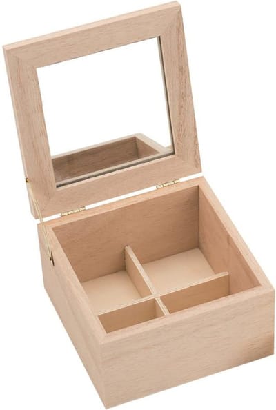 Glorex hobby Houten opbergkistje met sluiting en deksel - 13 x 13 x 7 cm - Sieraden - met vakjes en spiegel - Opberg kistjes