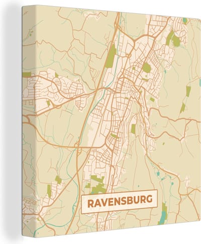 Canvas Schilderij Ravensburg - Plattegrond - Stadskaart - Kaart - Vintage - 20x20 cm - Wanddecoratie