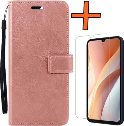 Hoes - Met Screenprotector - Geschikt voor Samsung Galaxy A15 - Luxe Pasjeshouder - Bookcase Portemonee - Flip Case - Kunstleer Book Case - Flipcase - Book Cover - Walletcase - PortemonneeHoes - Rosé goud