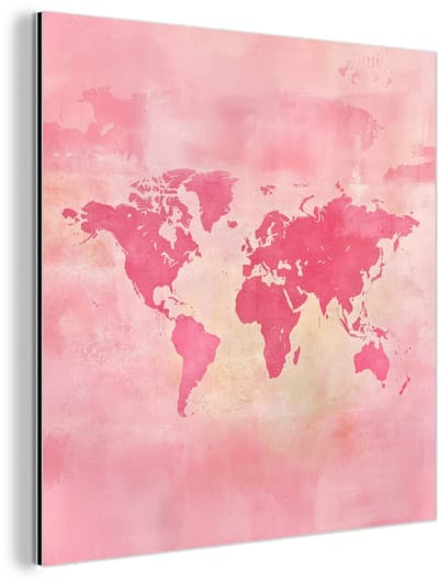 Aluminium schilderij 90x90 cm - Wanddecoratie metaal - Wereldkaart - Roze - Vaag - Metalen muurdecoratie woonkamer - Decoratie industrieel - Foto op dibond - Industriële accessoires slaapkamer