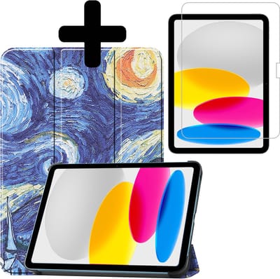 Hoes - Geschikt voor Apple iPad A16/A18 (2022/2025/2026) - 10.9 & 11 inch (10e, 11e & 12e generatie) - Met Screenprotector - Trifold Bookcase - Hard Cover - Hardcover Book Case - Tablet Hoesje - Sterrenhemel