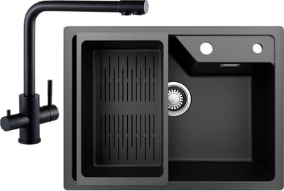 CECIPA Max Granieten Spoelbakken (65*45cm)Zwart - Spoelbak Keuken Met 3 Wege Keukenkraan - Wasbak Keuken Met Waterafvoersysteem en Wasbak Vergiet