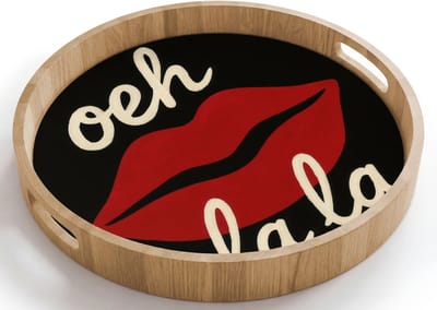 Dienblad rond 40x40 cm - Schootdienblad hout - Lip - Rood - Quote - Borrelplank rechthoek - Plateau houten dienbladen