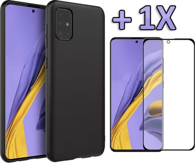 HB Hoesje Geschikt voor Samsung Galaxy A51 - Siliconen Back Cover + Volledige Glazen Screenprotector - Zwart