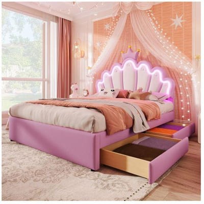 Lit - MUVOE - Lit prinses Kroon - 140 x 200 cm - Verstelbaar hoofdeinde - 2 opberglades roze