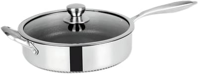 Cheffinger, Hoge Koekenpan 28cm Honingraat Coating met Lange Handgreep en Deksel, Zilver