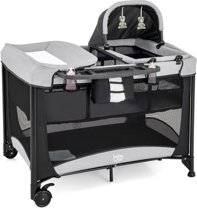 COSTWAY 5 in 1 Draagbare Kinderkamer Centrum, Opvouwbare Baby Speelbox met Wieg, Wieg & Luier Verschoon Tafel, Baby Pak en Speel met Verwijderbare Matras, Opbergmand, Speelgoed, 2 Afsluitbare Wielen, Draagtas