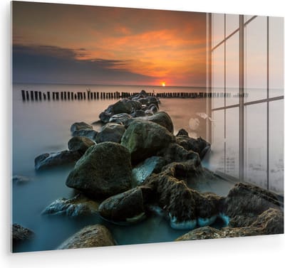 MuchoWow® Glasschilderij 120x90 cm - Schilderij acrylglas - Zee - Zon - Stenen - Foto op glas - Muurdecoratie woonkamer - Wanddecoratie slaapkamer - Schilderijen