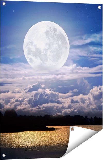 Gards Tuinposter Volle Maan bij het Water - 60x80 cm - Tuindoek - Tuindecoratie - Wanddecoratie buiten - Tuinschilderij