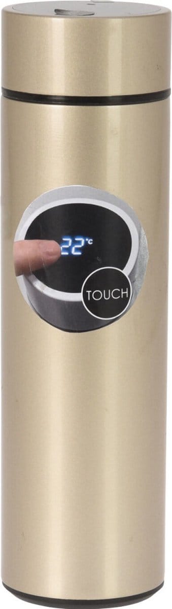RVS warmhoud thermofles / isoleerfles voor onderweg metallic goud 450 ml met ingebouwde themometer in de dop