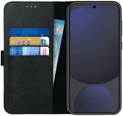 Rosso Deluxe Echt Leer Hoesje Geschikt voor Samsung Galaxy S24 FE | Ruimte voor drie pasjes | Portemonnee Book Case | Met Pasjeshouder | Zwart