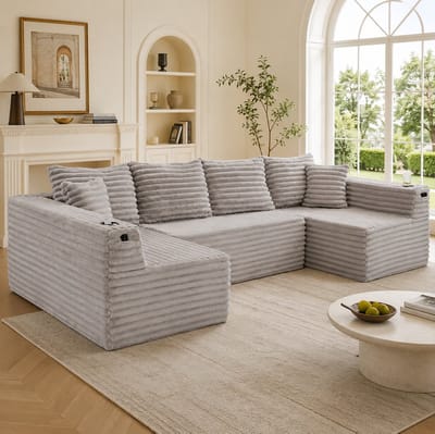STILVORA U-Bank 320 x 155 x 88 cm - Met Bekerhouders En Zijvakken - Voor Woonkamer En Lounge - Corduroy - Lichtgrijs