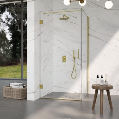 FugaFlow Eccelente Vetro Douchecabine - 80x80x200cm - scharnieren - deurgreep - stabilisatiestang - vlak - helder veiligheidsglas - Geborsteld Messing PVD (Goud)