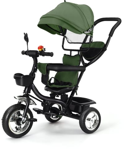 PIPIPOXER -Kinderdriewieler Driewieler met duwstang-360° draaibare zit-Met zonnescherm- Groen