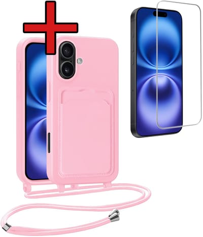 Hoesje Geschikt voor iPhone 16 Plus Hoesje Met Telefoonkoord en Pasjeshouder Met Screenprotector Siliconen - Hoes Geschikt voor iPhone 16 Plus Hoesje Met Kaarthouder Case - Lichtroze