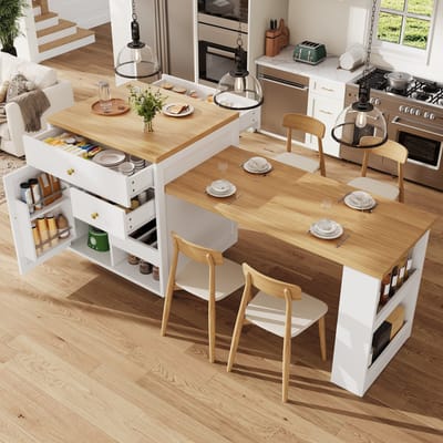 FloraGrace Keukenkast - Uitschuifbare Tafelplaat En Opbergruimte - Voor Keuken En Eethoek - MDF En Metaal - 122,5-195,5x70x93,8 Cm - Wit