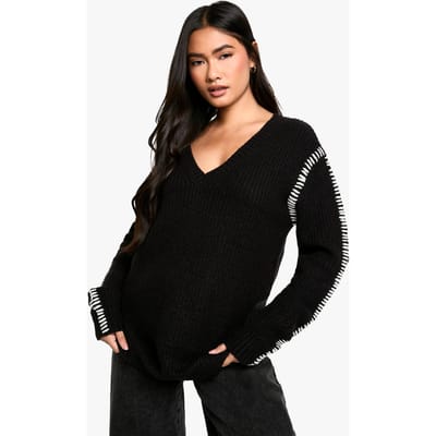 boohoo Dames Premium Contrast Trim V-hals Longline Jumper | Black | Maat: Small