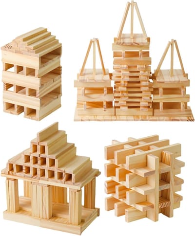Houten Bouwblokken - Stapelblokken Peuters - Creatief Spelen - Zonder Voegen - 100 Delig - Houtkleur