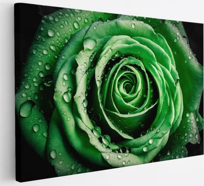 Saammp Canvas Schilderij - Groene Roos - Waterdruppels - Natuur - Abstract - 30x20 - Foto op canvas - Wanddecoratie - Muurdecoratie Woonkamer - Kantoor Decoratie