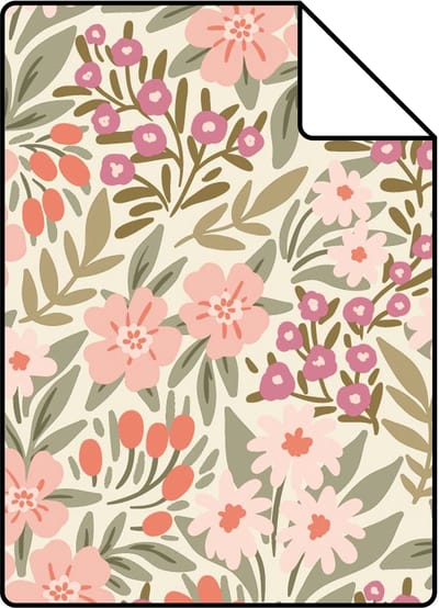 Proefstaal ESTAhome behang bloemen groen, roze en paars - 26.5 x 21 cm - 131450-S