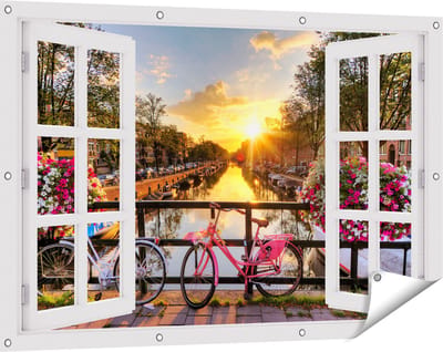 Gards Tuinposter Doorkijk Amsterdamse Brug met Zonsopgang - 120x80 cm - Tuindoek - Tuindecoratie - Wanddecoratie buiten - Tuinschilderij